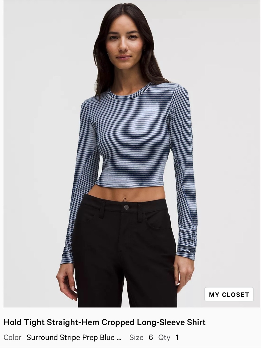 NWT lululemon hold tight straight hem Cropped Long-Sleeve Tee Blue Stripe sz. 10